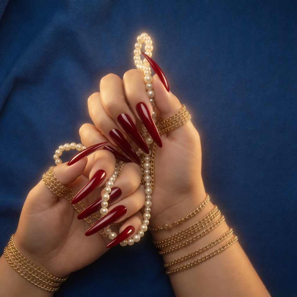Bhopal BDSM Mistress Anu with red long nails holding pearls showcasing luxury aesthetic and bold feminine elegance
