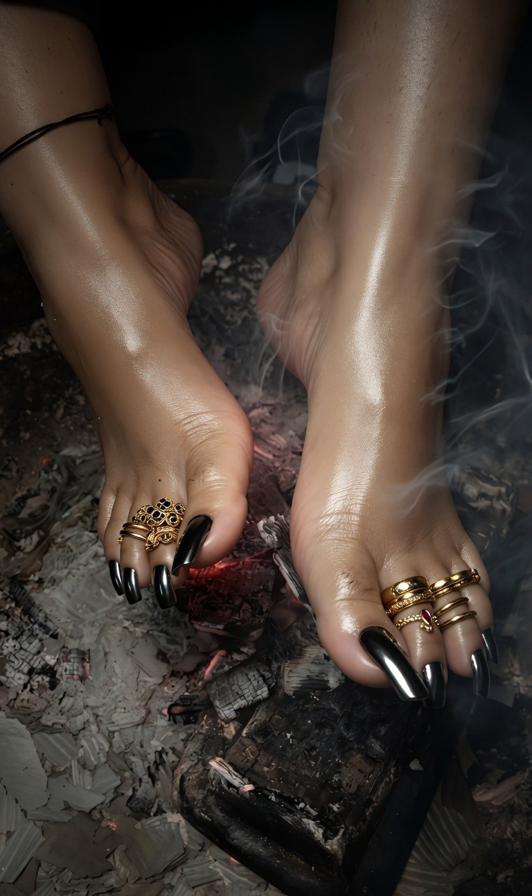 Delhi BDSM Mistress Anu feet with black nail polish and gold toe rings
