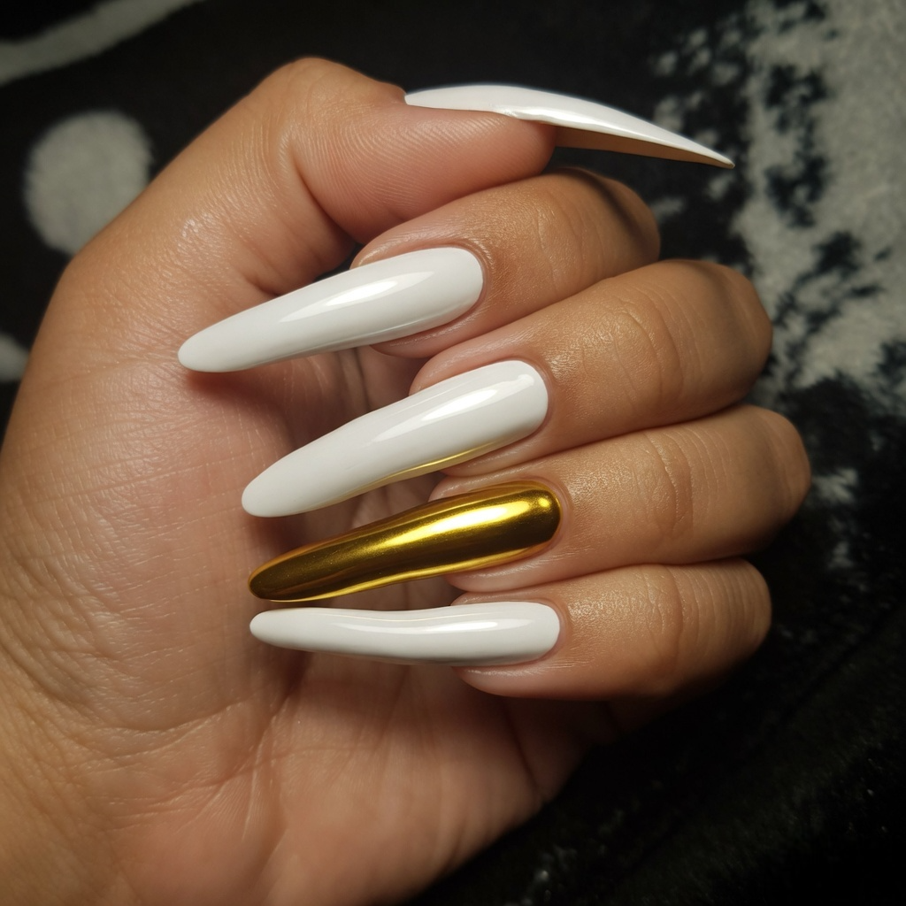 Indore BDSM Mistress Anu with white and gold long nails showcasing luxury nail style and bold feminine aesthetic