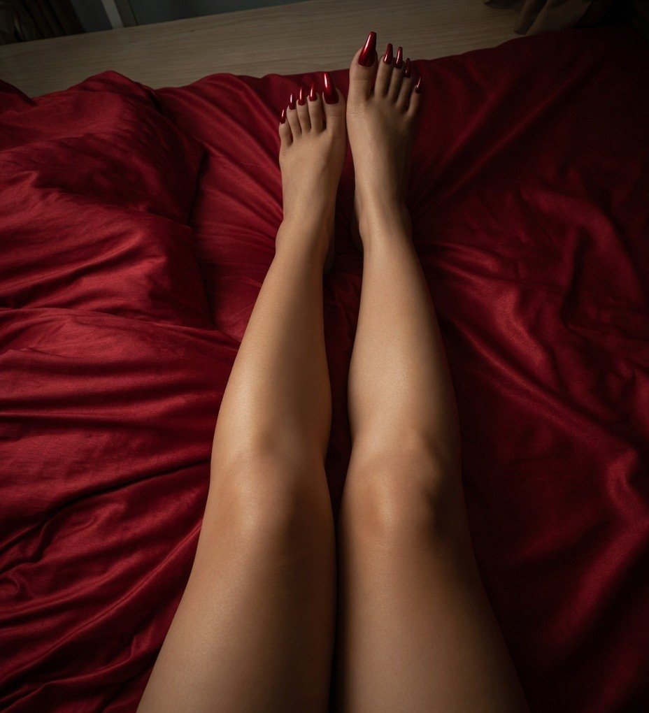 Jaipur BDSM Mistress Anu with red nail polished feet resting on bed showing elegant style and confident aesthetic