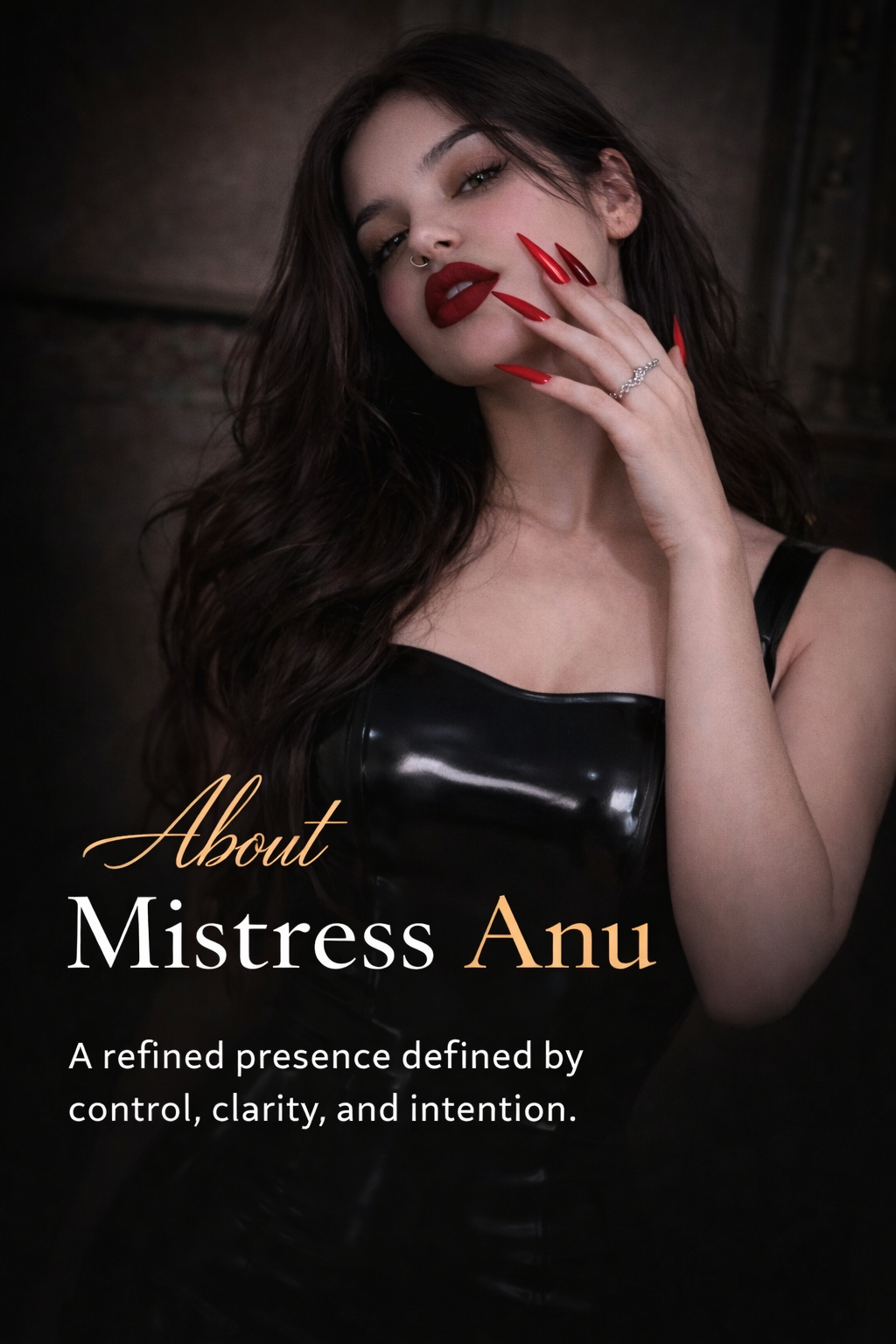 Close-up portrait of a woman with red nails and a confident, refined presence