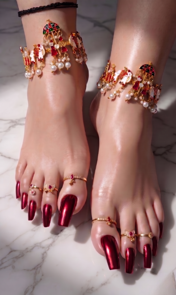 Surat BDSM Mistress showcasing elegant long red metallic toenails, decorative anklets, and luxury foot fetish aesthetics in a premium female domination setting in Surat.