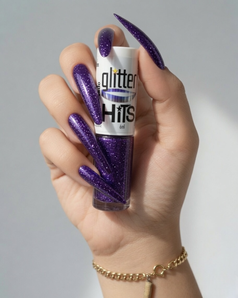 Best Digital Domme Dubai aesthetic highlighting exceptionally long, sharp stiletto fingernails painted in sparkly purple glitter nail polish, holding a glitter bottle for elegant visual dominance.