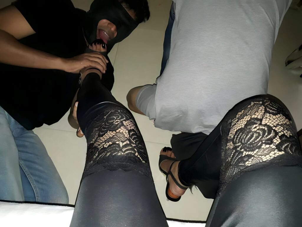 Blindfolded slave licking feet of Dubai BDSM Mistress Anu - Intense BDSM session in Dubai