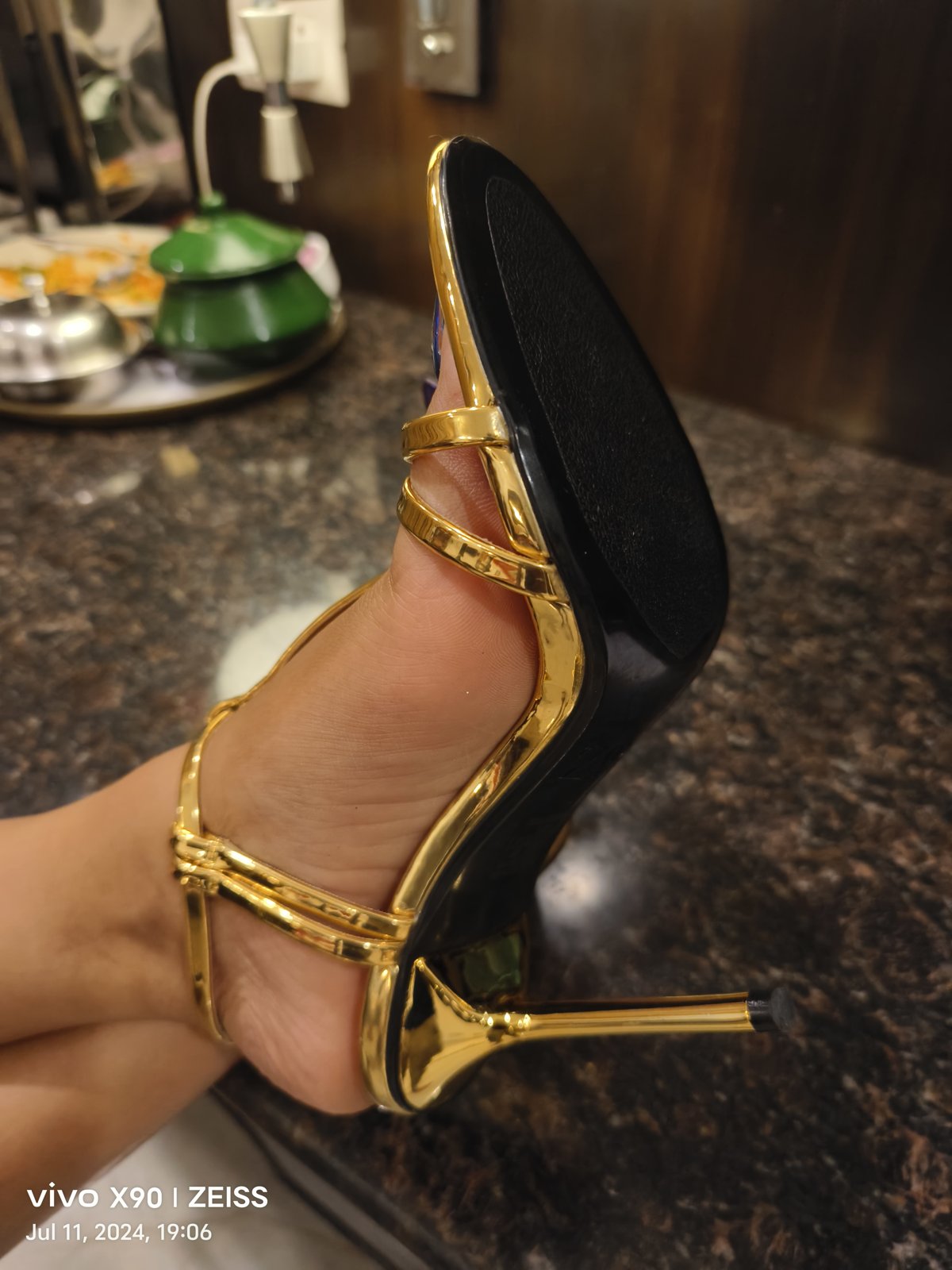Mexico City BDSM Mistress Anu in gold sandals